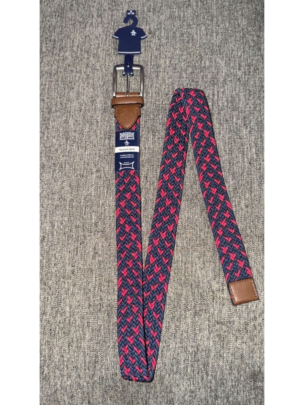 Original Penguin Men’s M (34-36) Golf Braided Stretch Belt Navy/Red Woven New
